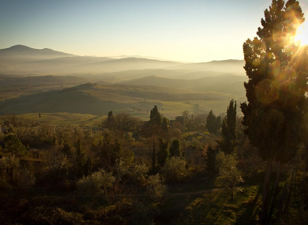 Sunshine over a hilly landscape
